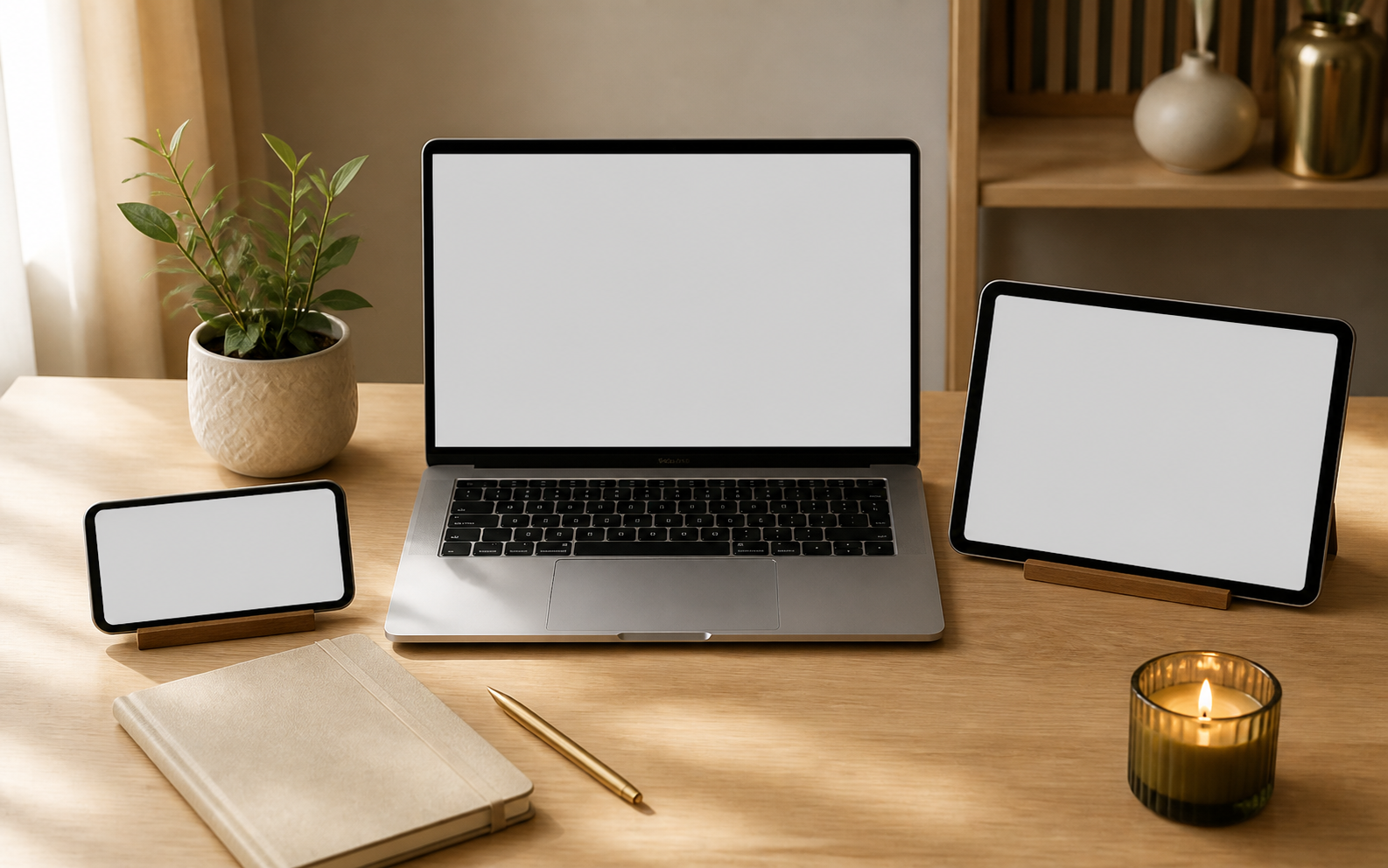 Notebook, tablet e celular agrupados sobre uma mesa organizada