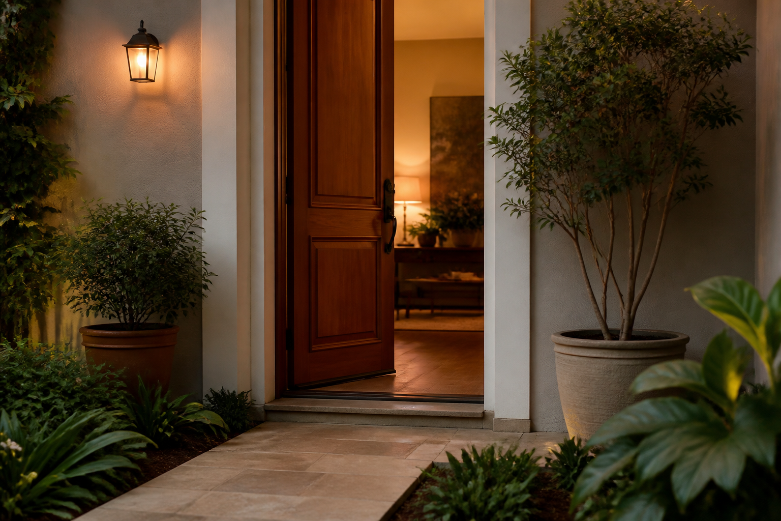 Entrada principal residencial aberta, iluminada e bem cuidada