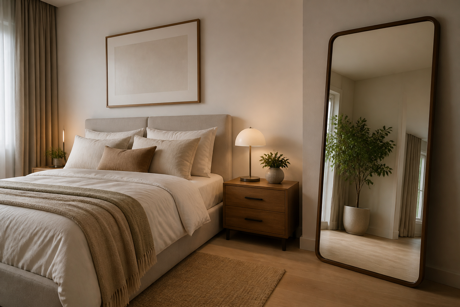 Quarto organizado com espelho lateral que não reflete diretamente a cama